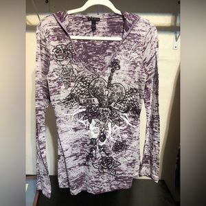 Fang marbled purple rock n Roll hooded long sleeve top. Size XL.